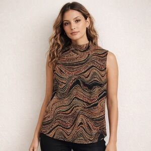 VTG 80s Dressbarn Mock Neck Top Womens 1X Brown Abstract Wavy Metallic Made USA